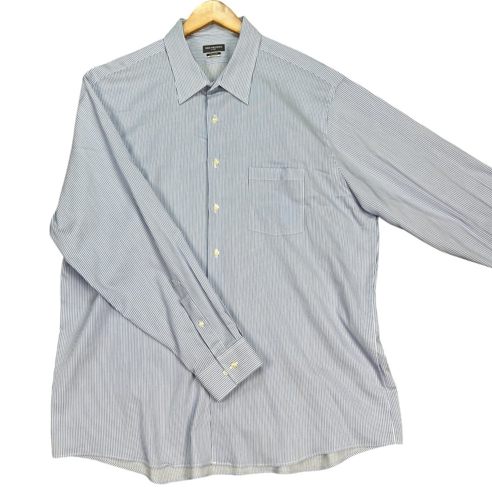Van Heusen Button Down Shirt Mens 18 34/35 Blue White Striped Long Sleeve Flex